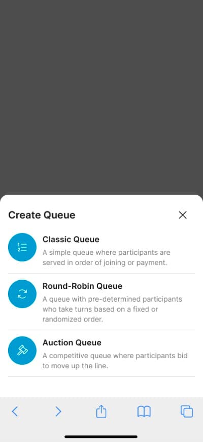 Creating a queue, starting with the choice of Classic, Round-Robin or Auction