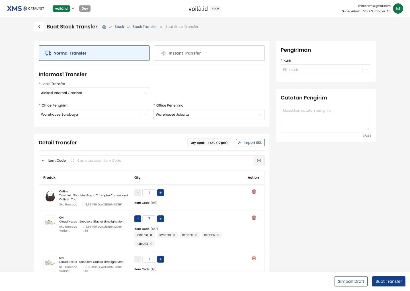 The create form after importing SKUs, with products and item codes