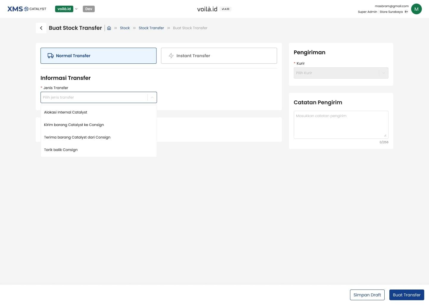 Buat Stock Transfer with the Jenis Transfer dropdown open