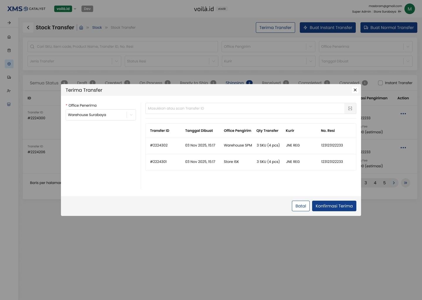 Terima Transfer modal on the list
